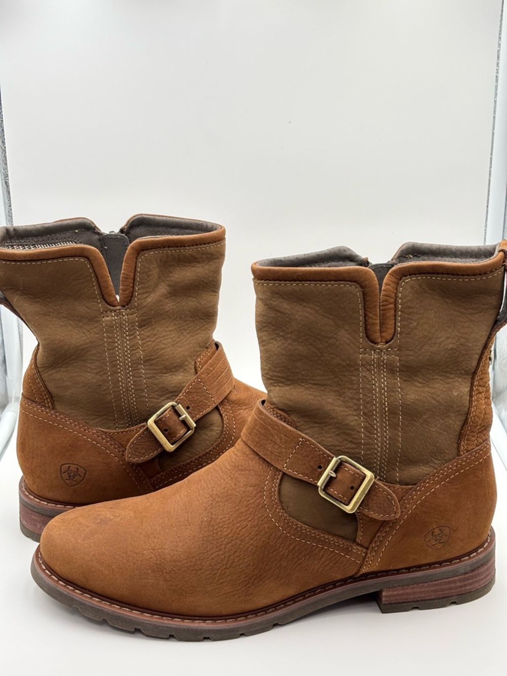 Ariat Savannah Waterproof Boots Cognac Brown Leather Buckle Short Boots Size 10B